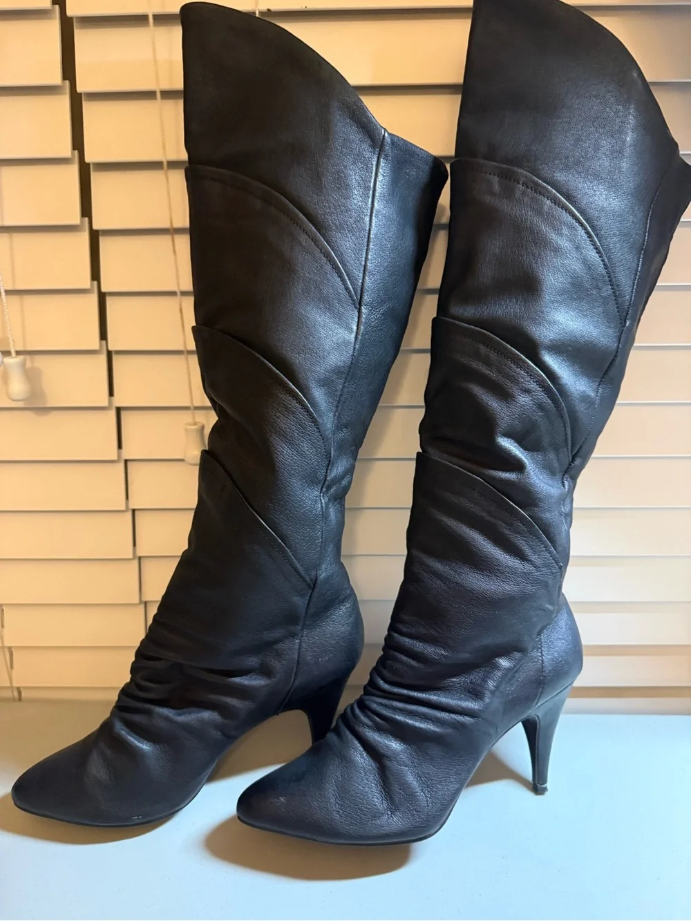 Wild Pair Black Knee High Leather Pointed Toe Stiletto Boots